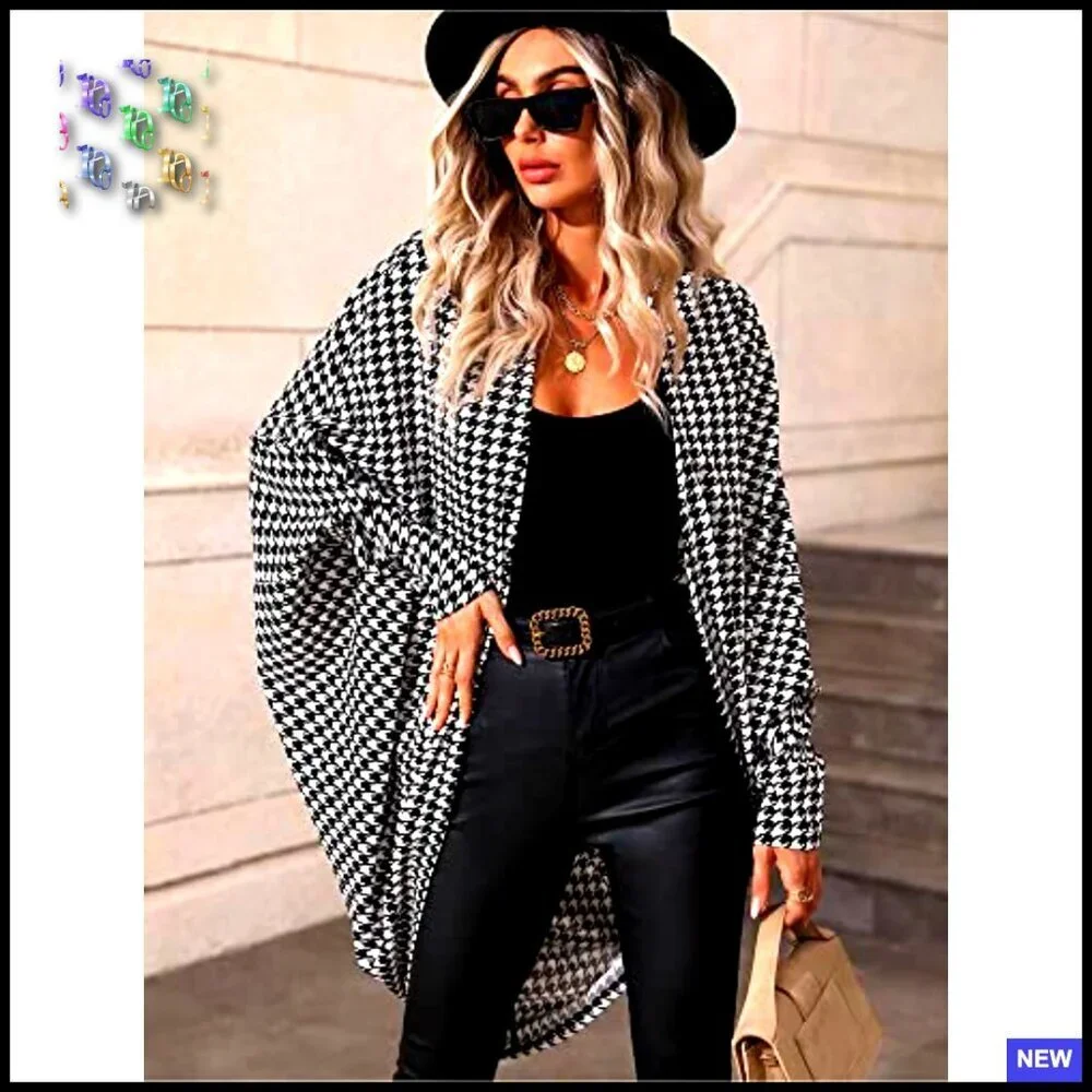 Houndstooth Blazer Jacket Batwing Sleeve Open Front Asymmetrical Cardigan Coat